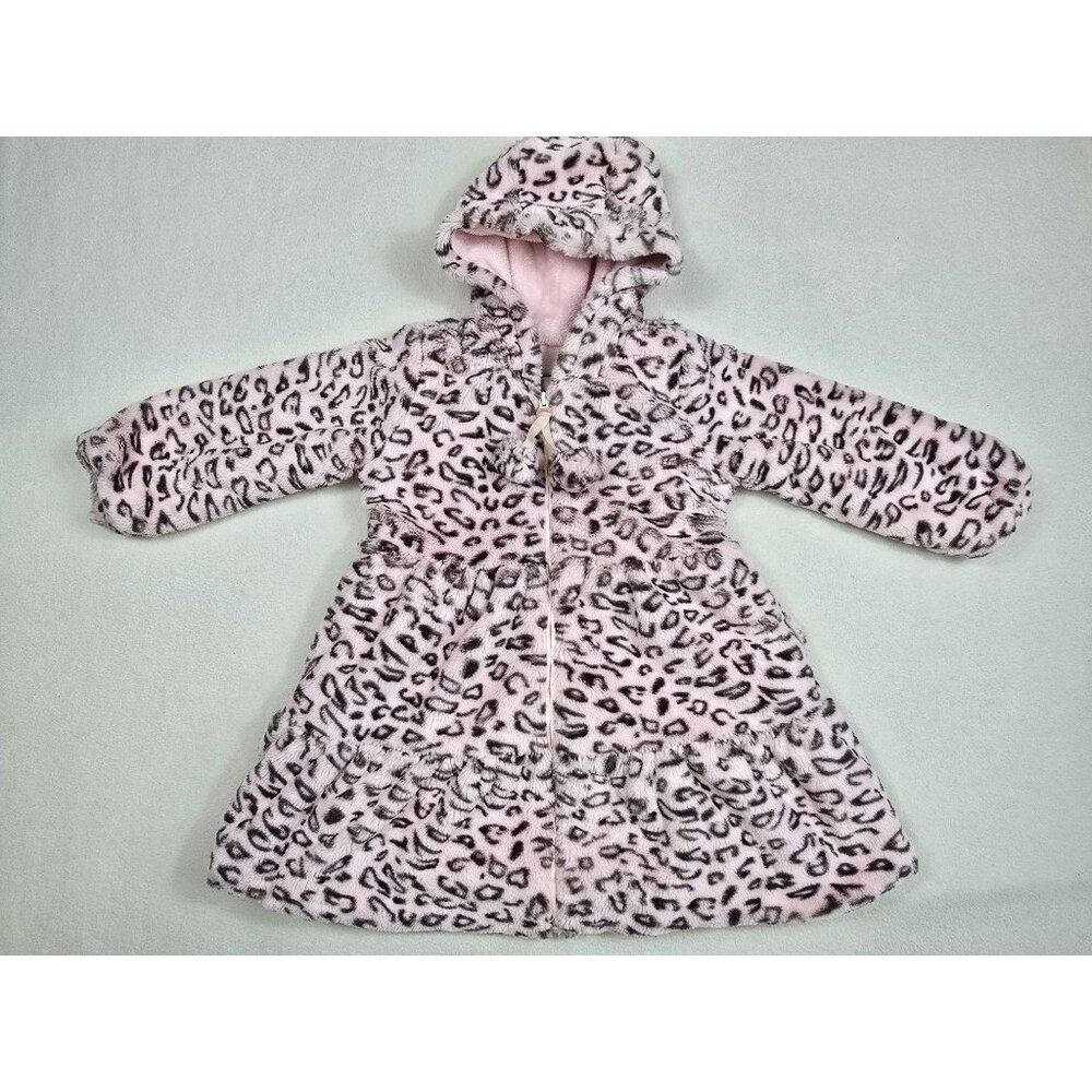 American Widgeon Girls Leopard Print Faux Fur Coat Size 5 With Hood Pom poms
